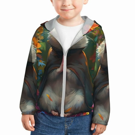 

Ocsxa Colorful Flower Meditating Hamster Print Kids Active Zipper Sun Protection Jacket Boys Girls Hooded Cooling Shirt-18 Months