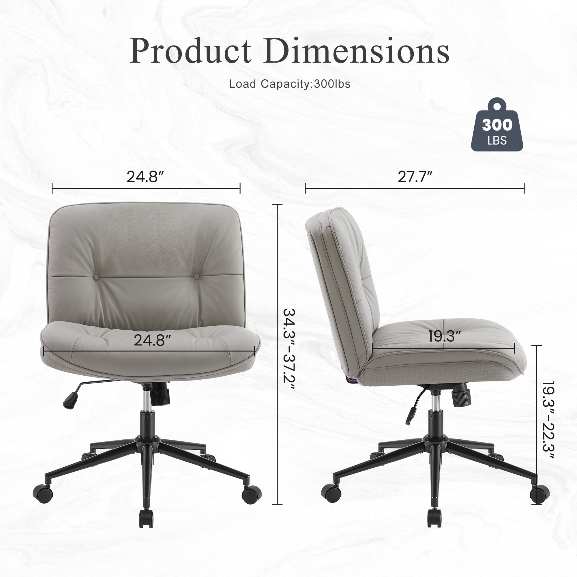 CONCETTA Armless Office Chair with Wheels - Swivel Rolling & 22° Rocking Recline, Wide PU Leather Seat, for Home Office Desk and Mobile Use, Gray