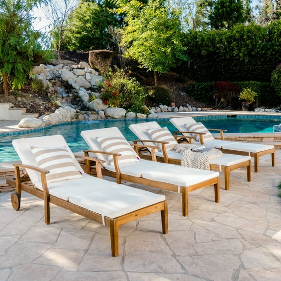 Mavis Outdoor Chaise Lounge With Cushion, Set of 4, Teak Finish, Cream