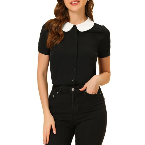 INSPIRE CHIC Women's Work Office Contrast Peter Pan Collar Short Sleeve Blouse Shirt M Dusty Blue