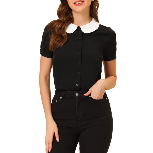 INSPIRE CHIC Chemisier à Col Peter Pan Manches Courtes pour Femmes Travail Bureau Contraste L Bleu Poussiéreux