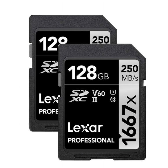 Lexar 128 Go (Lot de 2) Cartes Mémoire SDXC Professionnelles 1667x, UHS-II, C10, U3, V60, Full-HD & 4K Vidéo, jusqu'à 250MB/s Lecture, pour Photographe Professionnel, Vidéaste, Amateur