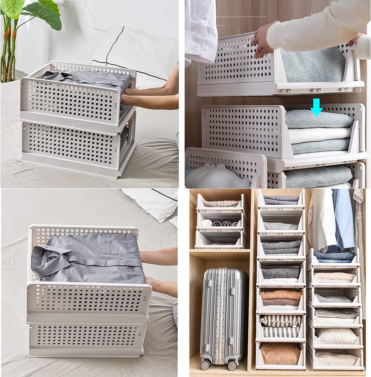 2 Pack Stackable Storage Bins, Foldable Sliding Bins,Plastic Clothes Drawer Organizer Wardrobe Storage Box Shelf Basket for Cabinet,Office, Laundry, Bedroom Closet, White-2L