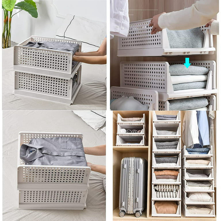 PINKPUM Stackable Plastic Storage Basket-Foldable Closet Organizers and  Storage Bins 2 Pack-Drawer Shelf Storage Container for Wardrobe Cupboard