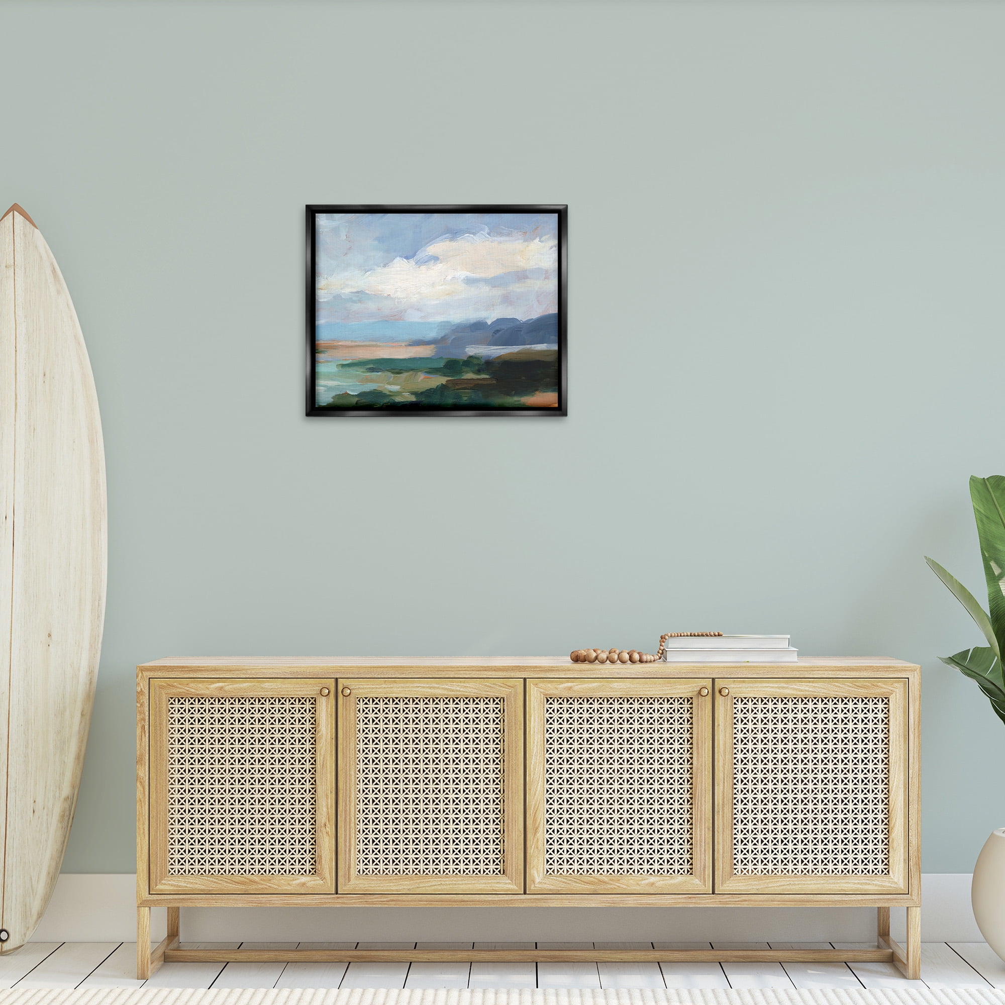 Stupell Industries Traditional Cloudy Beach Landscape Painting Black Floater Framed Canvas Art Print Wall Art, 31 x 25