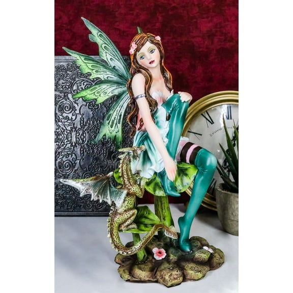 Ebros Beautiful Gaia Pixie Fairy With Green Wyrmling Dragon Statue 9.5"Tall