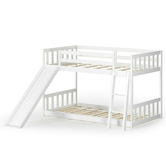 Gymax Twin over Twin Bunk Wooden Low Bed with Slide Ladder for Kids White
