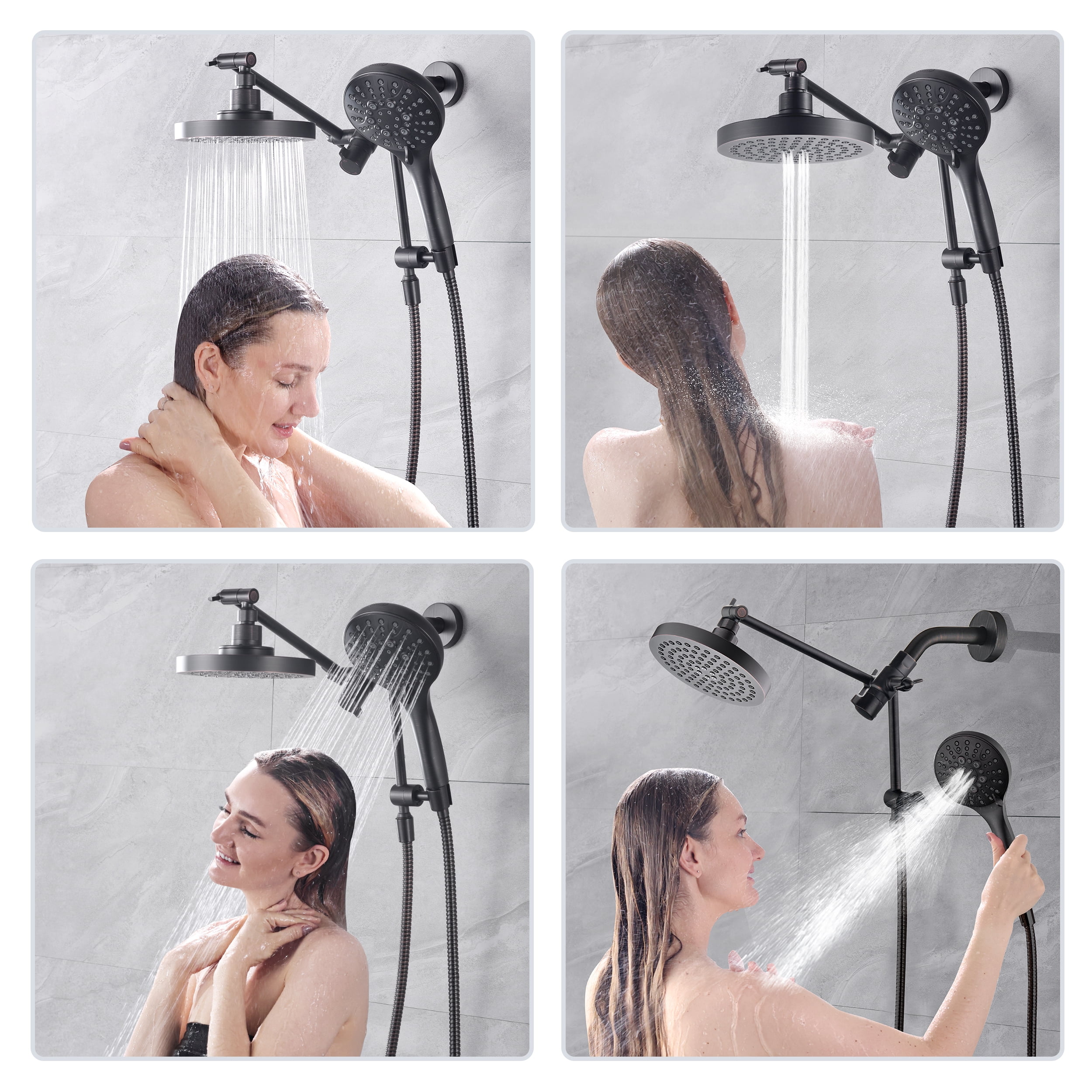 BRIGHT SHOWERS Rain Shower Head with Handheld Spray Built-in Power Wash, High Pressure Dual Shower Head with Height Adjustable Extension Arm, 3-Way Diverter, 9 Settings Handheld, 69” Long Hose, ORB