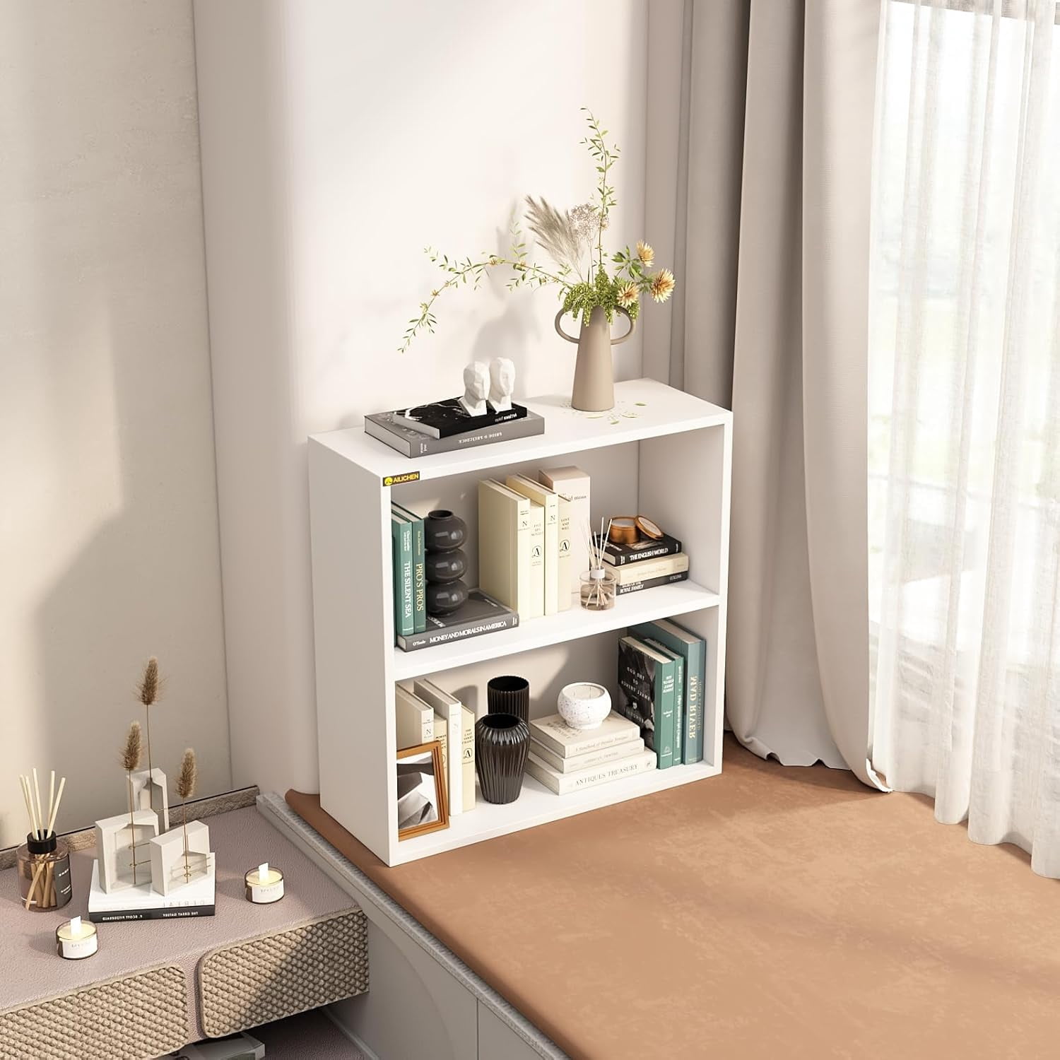 ALISENED 2 Tiers Shelf Bookcase, Stylish and Functional Bookshelf, Storage Organizer Shelving for Home, Office, Living Room and Bed Room