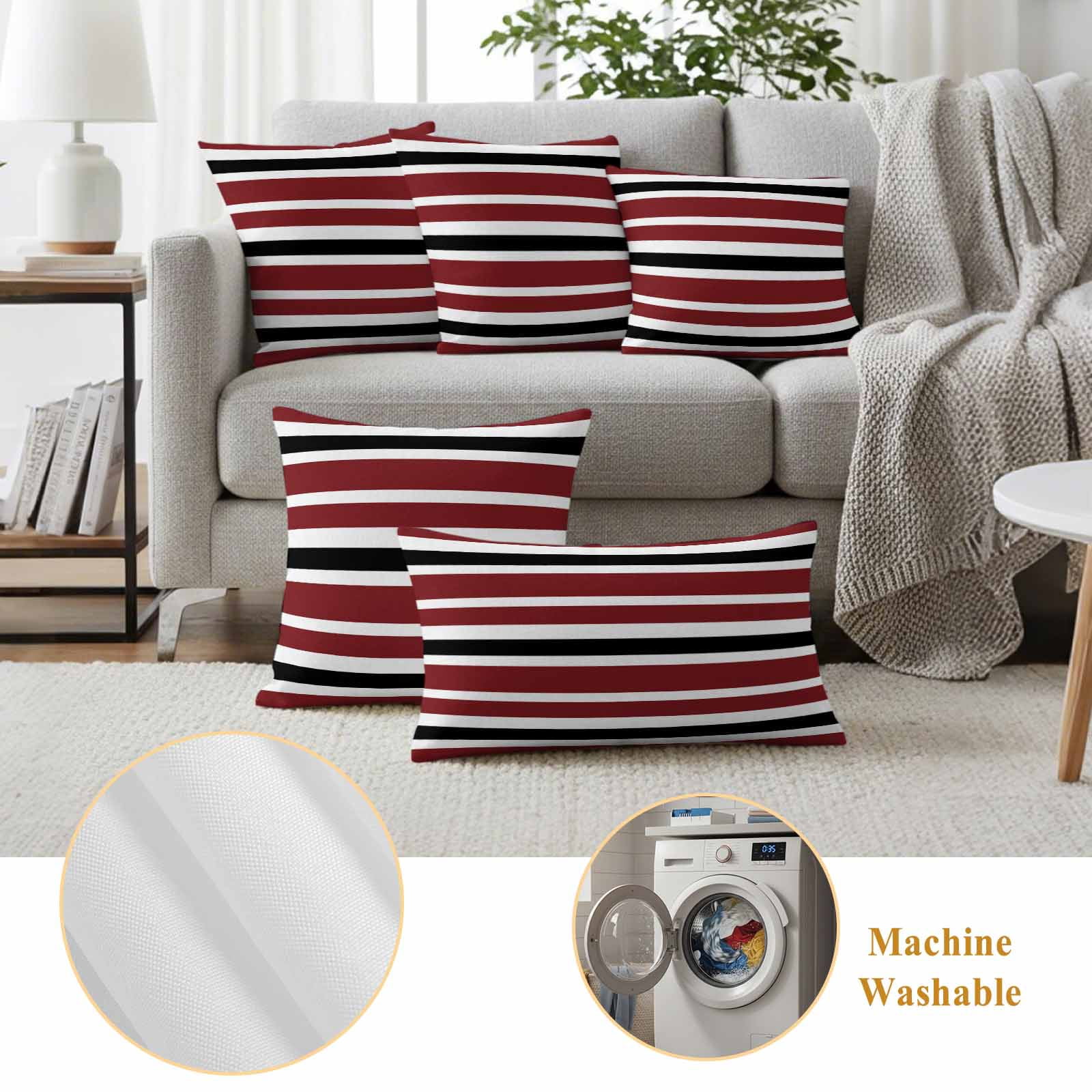 Outdoor Pillow Covers Vintage Burgundy Red Black White Stripes Waterproof Pillow Cases 18x18 Set of 2, Minimalist Line Throw Pillow Cover Pillowcase for Patio Balcony Couch Garden