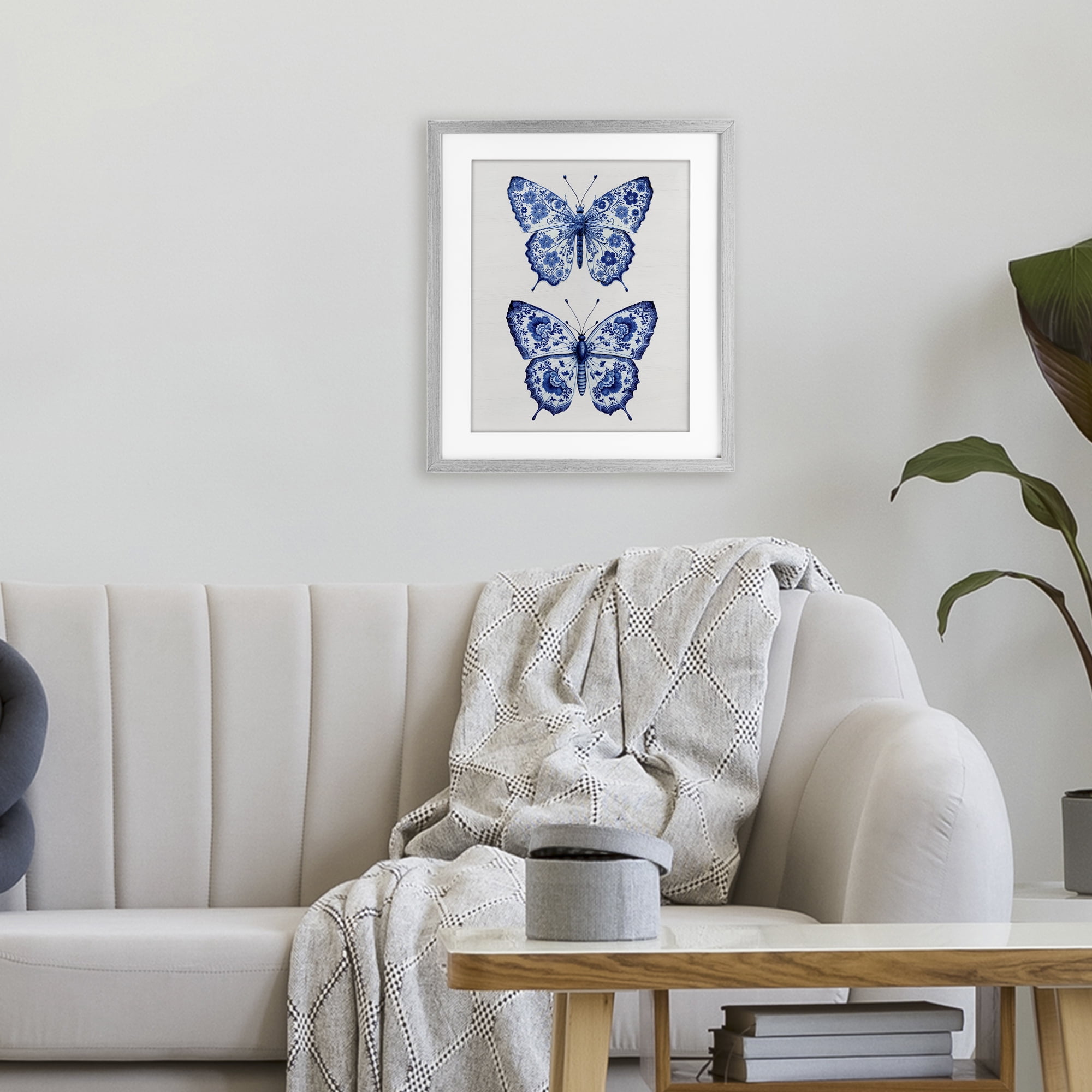 Ornate Toile Pattern Butterflies Gray Framed Print Under Glass, design by Lettered and Lined