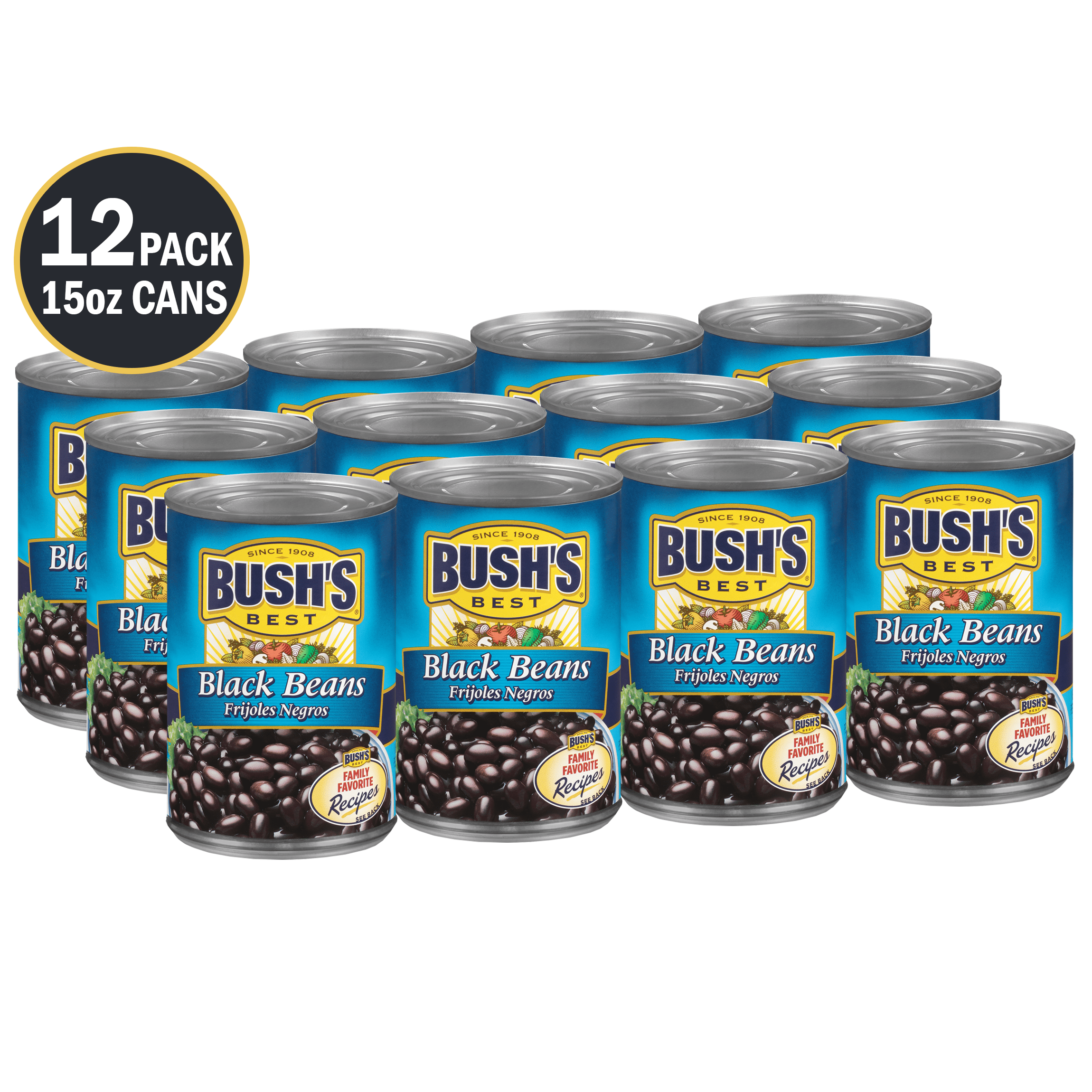(12 Cans) Bush's Black Beans, Canned Beans, 15 oz