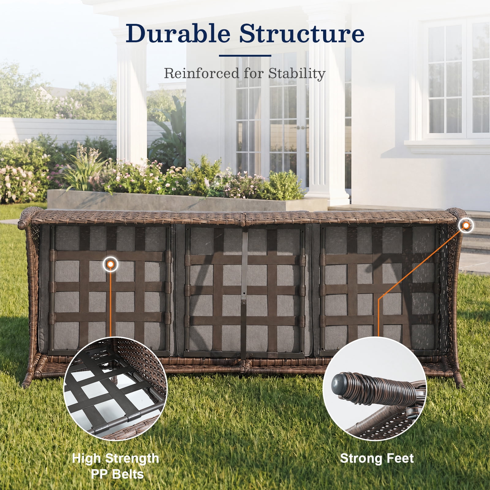 POCASSY 5PCS Outdoor Patio Furniture Set, Patio Furniture Set with Fire Pit Table Wicker Patio Couch Outdoor Swivel Chair and 43" Propane Firepit Table Rectangular, Brown Wicker & Gray Cushion