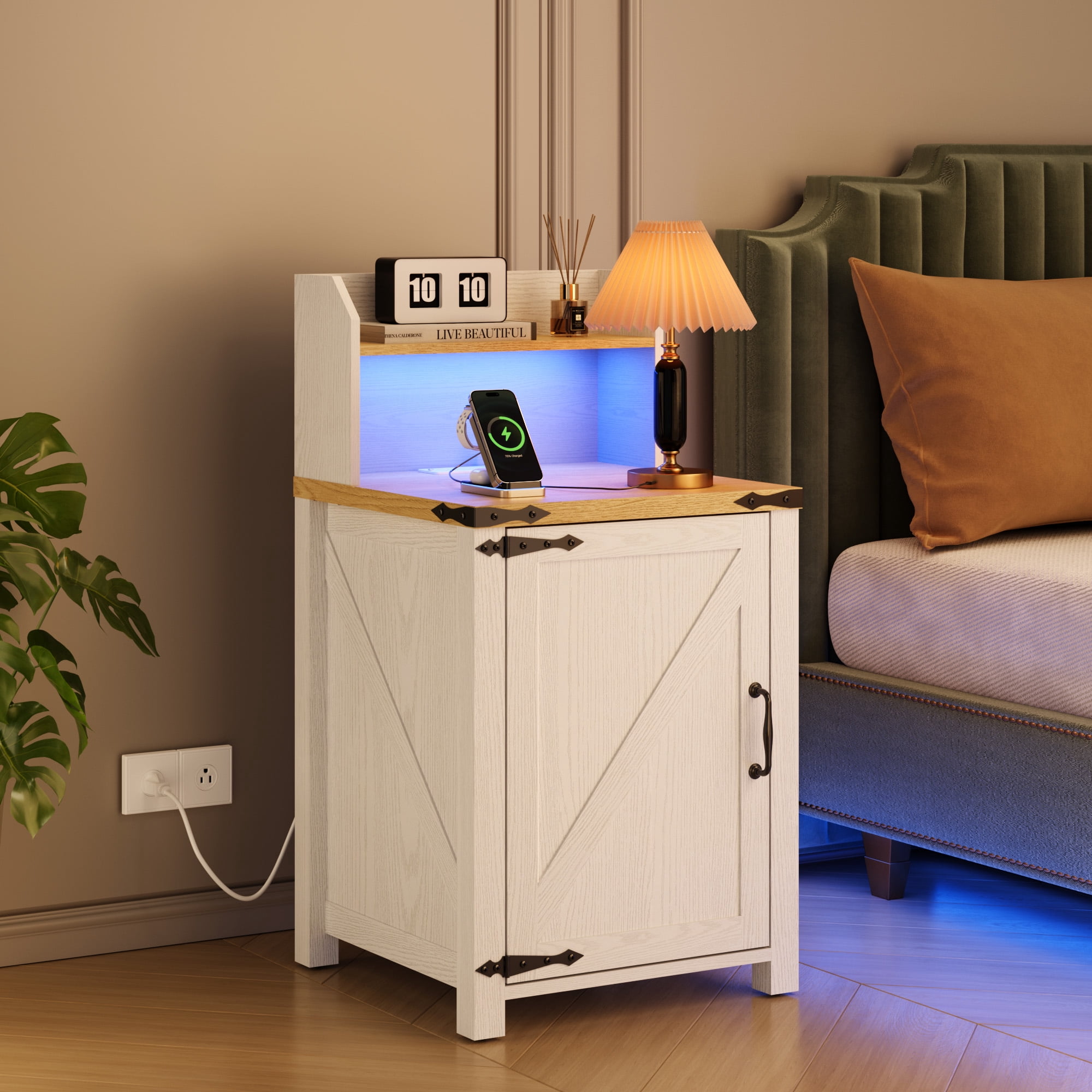 Miniyam Farmhouse Nightstand with Charging Station, USB Ports, Adjustable Storage for Bedroom, White