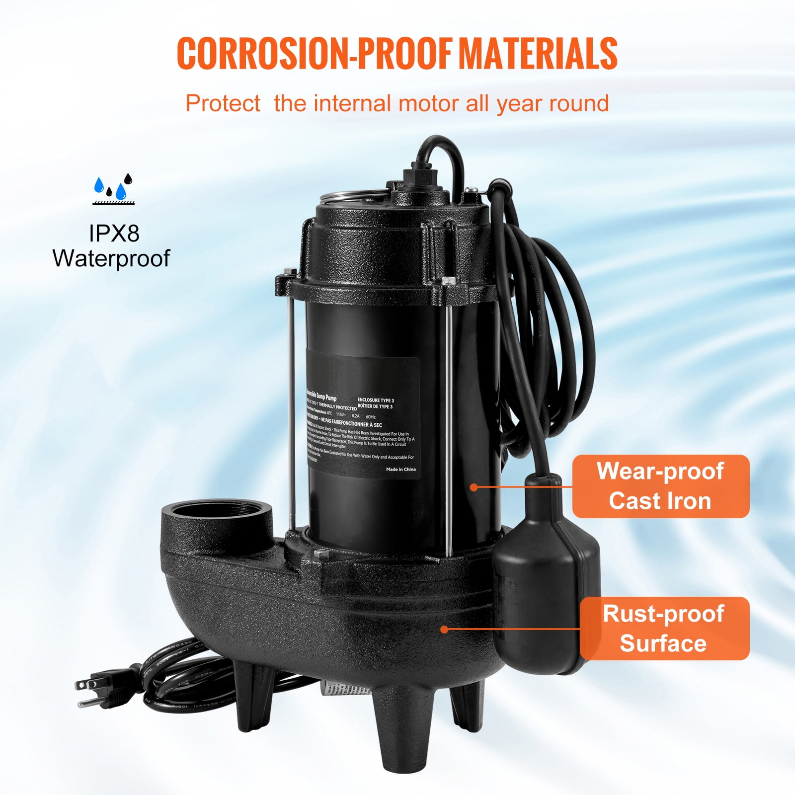 KFFKFF 3/4 HP Submersible Sewage Pump Water Pump, 5880 GPH Cast Iron Sump Pump, Comes with 2" Discharge and 10 ft Tandem Float Switch, Perfect for Septic Systems, Cellars, 1050W