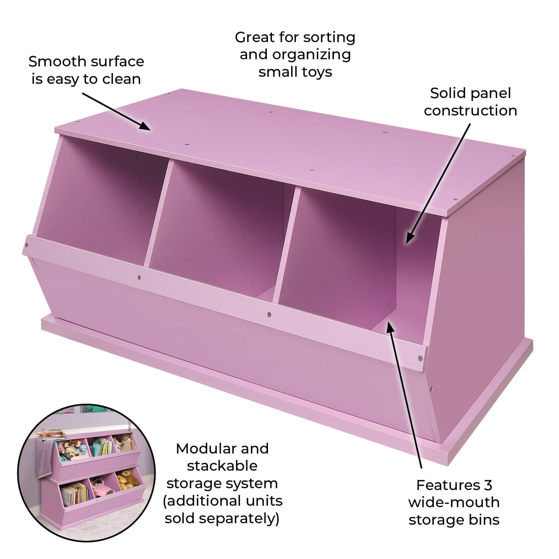 Badger Basket Children's Wood 3-Bin 33 gal Toy Storage Cube, Lilac