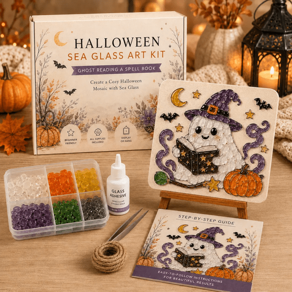 Halloween Sea Glass Art DIY Kit – Beginner Friendly Step-by-Step Glass Craft Project with No Extra Tools Witch Ghost