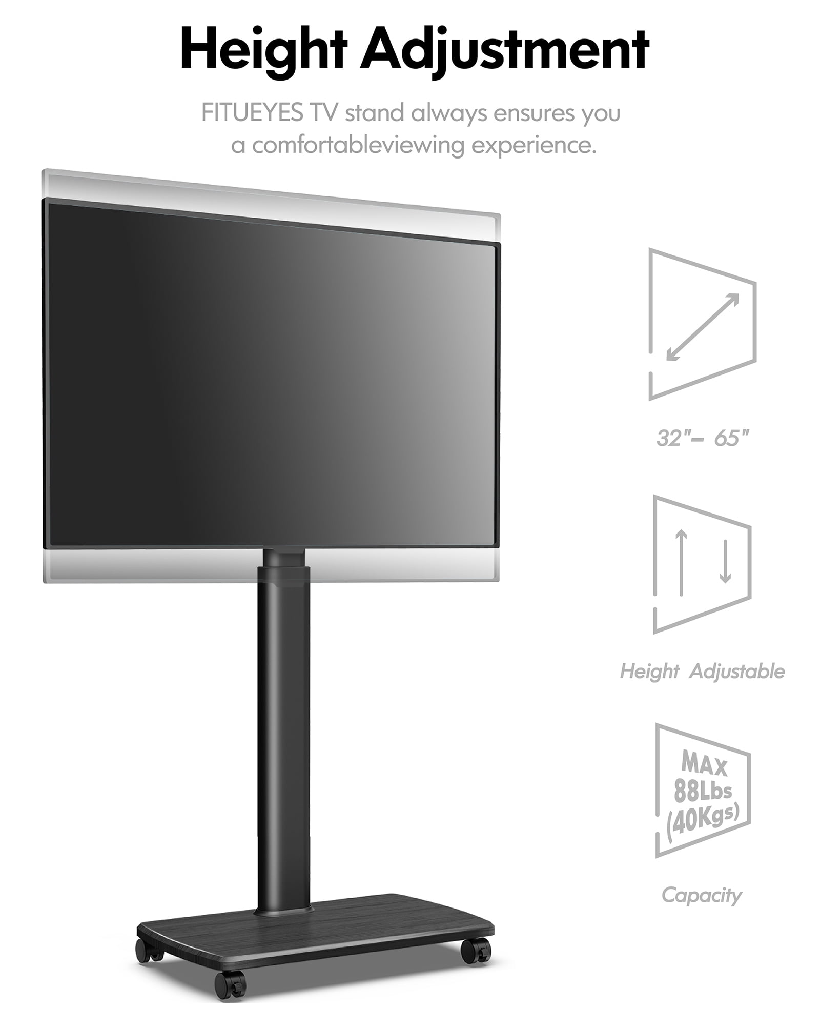 FITUEYES Universal Floor TV Stand Cart with Wheels, Swivel Mobile TV Cart for 32-65 Inch LCD LED Flat Curved Screen TVs, Height Adjustable, Cable Management, VESA 600x400mm, Black