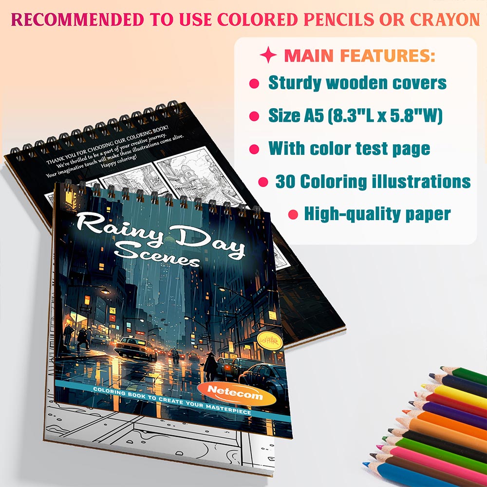 Rainy Day Scenes Coloring Book Spiral Bound For Adults, A5 Wooden Cover, 30 Beautiful Coloring Pages of Streets Under Rain for Stress Relief and Relaxation
