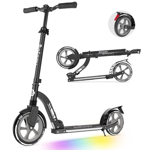 BELEEV Kick Scooter for Ages 6 ,Kid, Teens & Adults. Max Load 220 LBS. Foldable, Lightweight, 8IN Big Wheels for Kids, Teen and Adults, Black