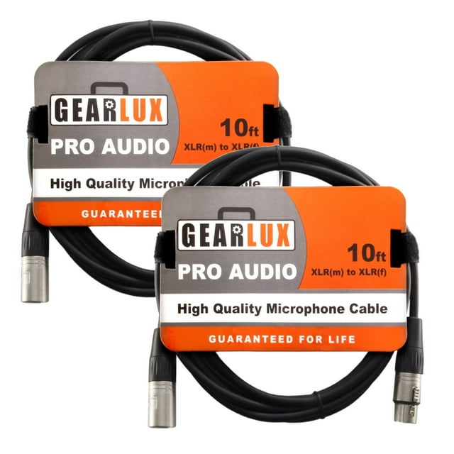 Gearlux Xlr Microphone Cable, Fully Balanced, Male To Female, 10 Feet - 2 Pack