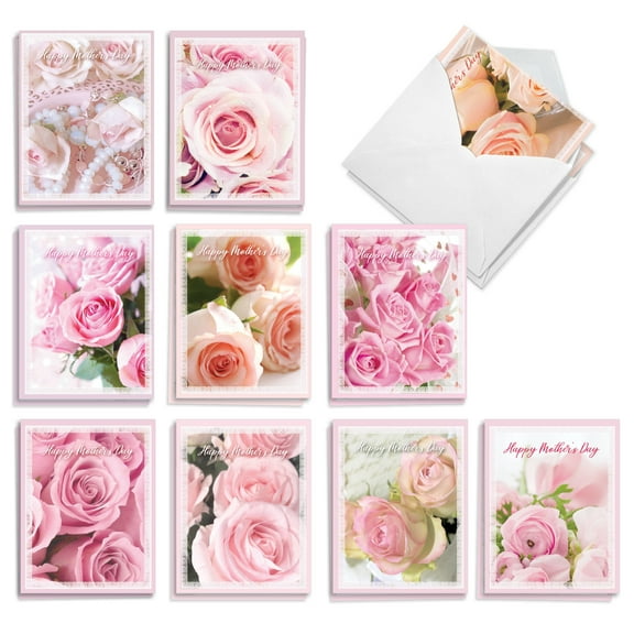 The Best Card Company 20 Assorted Blank Mother's Day Notecards Box Set 4 x 5.12 Inch with Envelopes (10 Designs, 2 Each) Pink Roses AM10311MDB-B2x10