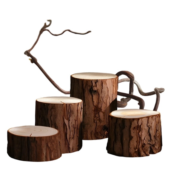 5 Pcs Natural Wood Bark Slices Set, Assorted Wooden Stump Decorations with Unique Dragon Date Branch, Rustic Miniature Environment Accessories for Desktop Display, Photography Props, Home Decor