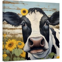 ZHONGYUTONG Cow Canvas Wall Art Cow with Sunflower Flower Picture Cute Animal Paintings Prints Rustic Farmhouse Wall Decor Framed (16.00" x 16.00")