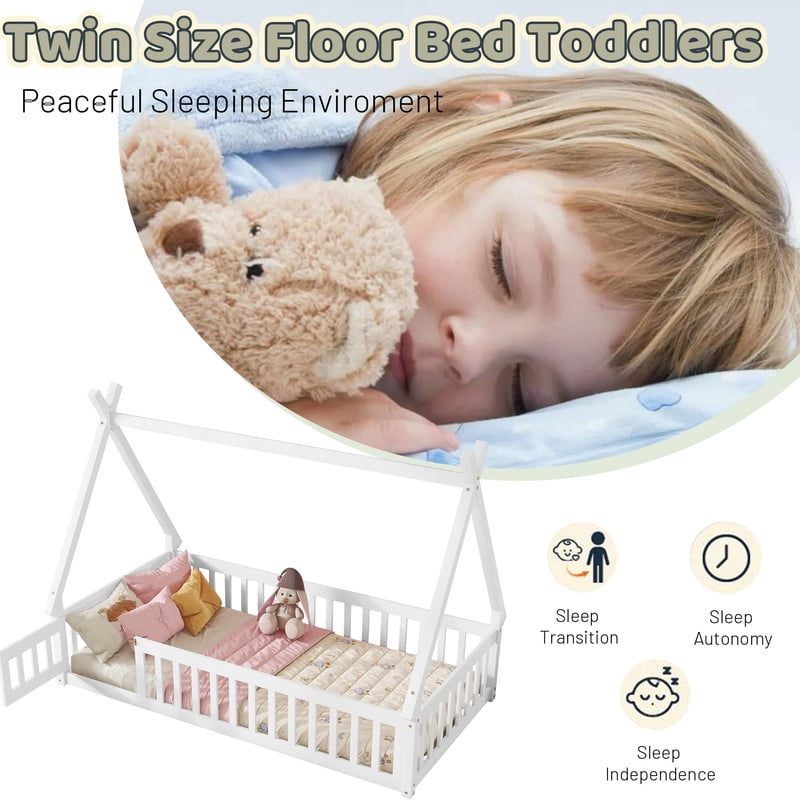 Mirightone Twin House Bed Frame with Rails and Door,Wood Montessori Bed with Slats Support,Teepee Tent Floor Beds Frame - White