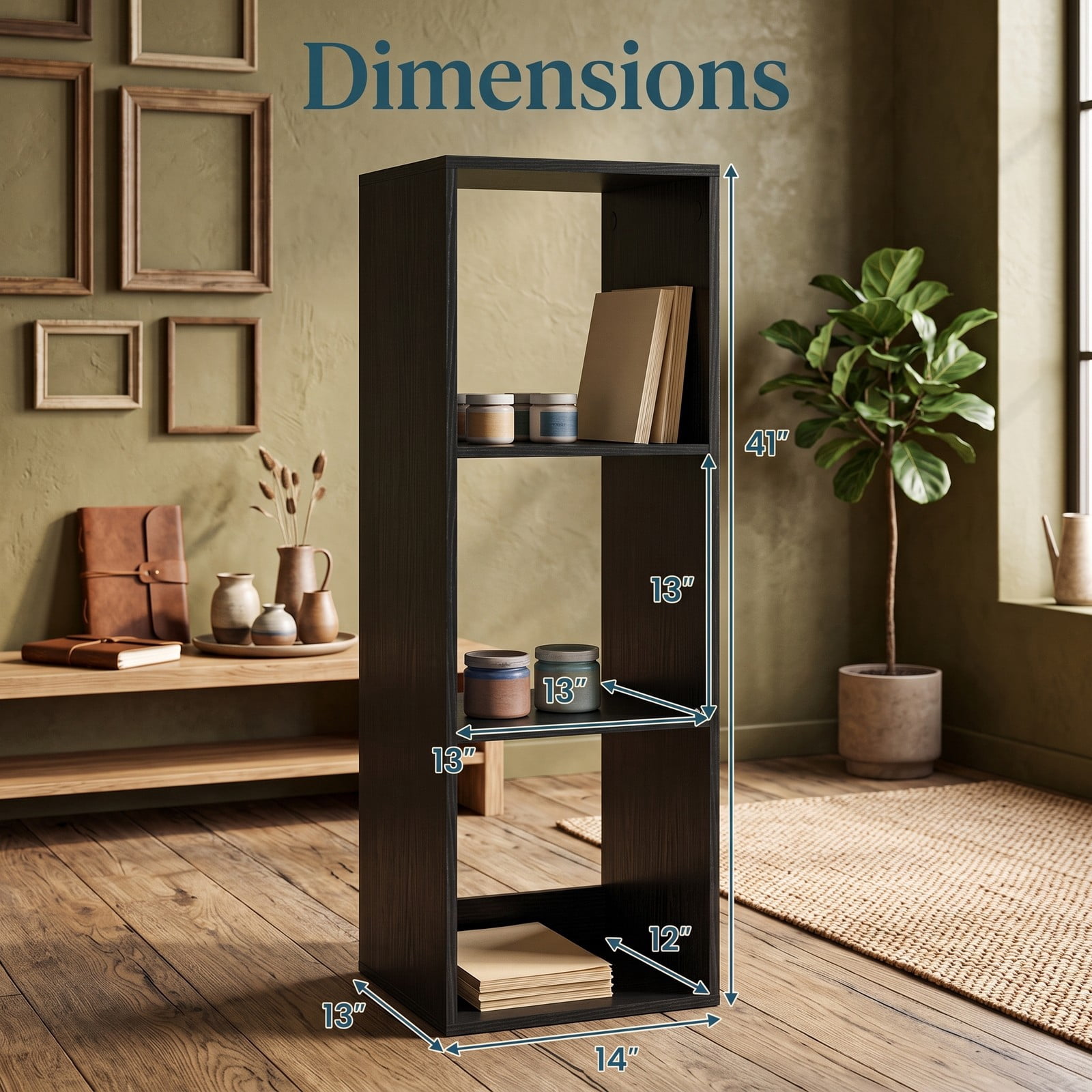 Furnibear 3 Cube Bookshelf with Back Guardrail, Engineered Wood Cube Storage Organizer Bookcase Display Shelf for Living Room Bedroom Home Office with, Black