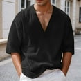 thumbnail image 2 of Nafuu Males T Shirts Solid Color V-Neck Short Sleeve Summer Striped Knit Comfortable Stretch Casual Loose Fit Tee For Daily Wear Lovely Vacation T Shirts For Man, 2 of 9