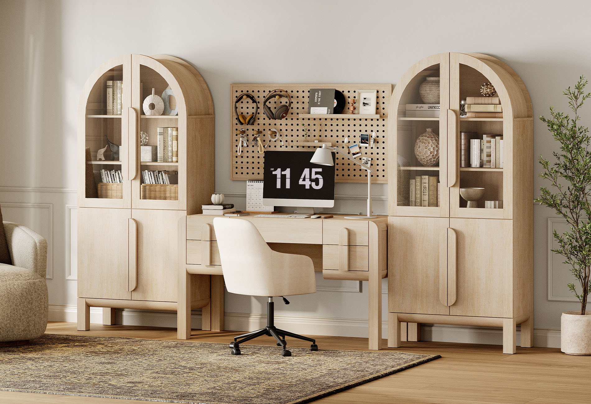 Home Office Set, 53.5" Modern Executive Desk with Charging Station and Drawers & 2 Piece 71"H Tall 5-Tier Arched Bookcases with Glass Door for Living Room, Bedroom, Home Office