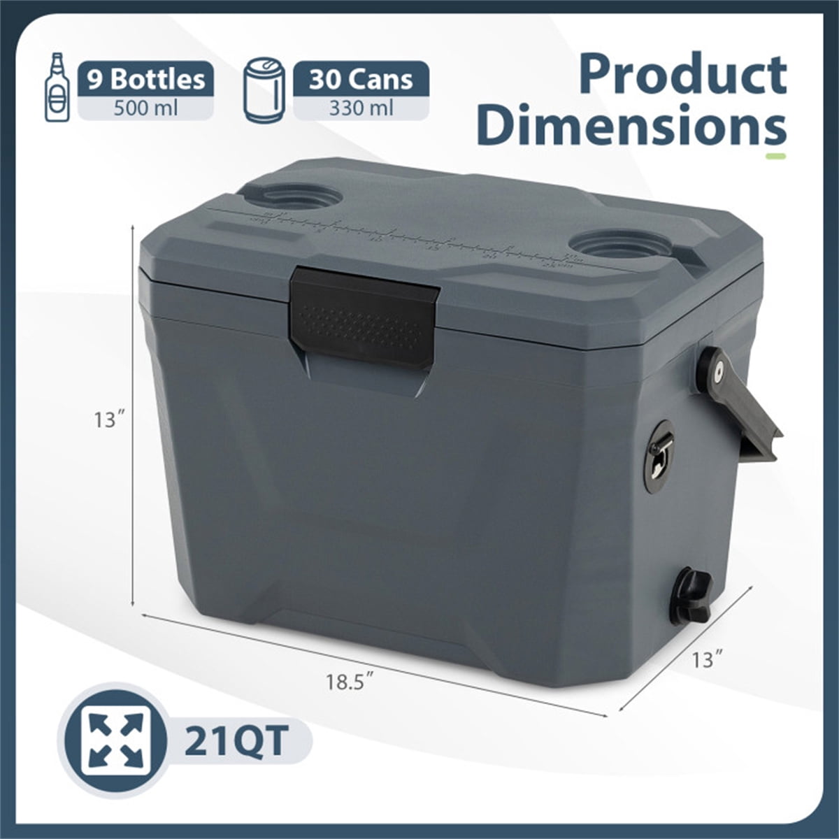21Qt Portable Cooler Box with 3-Layer Insulation , Hard Shell Ice Chest with 2 Cup Holders,for Outdoor Camping Fishing (Gray)