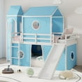 thumbnail image 2 of Twin Size House Loft Bed with Slide and Tent, Wood Twin Over Twin Floor Bunk Bed with Curtains & Tower, Loft Bed Playhouse Bed Frame for Boys and Girls（Blue), 2 of 9