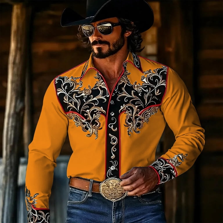 Xfswass Stylish Shirts For Men Western Cowboy Shirt Printed Casual Button Down Long Sleeve Shirt Classic Fit Dress Shirts Festival Party Tops, Men's