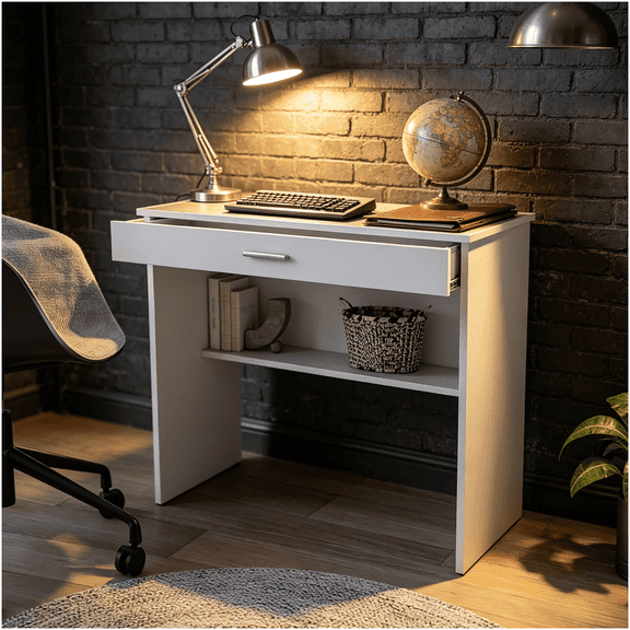 White Home Office Desk with Drawer and Shelf for Small Workspaces