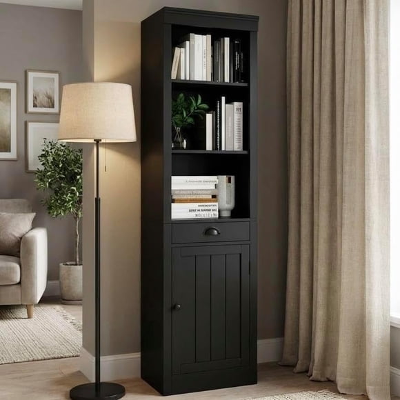 IdealHouse 71 Inch Tall Narrow Bookcase with Drawers Doors, 3-Tier Open Bookshelf with Adjustable Shelves, Storage Cabinet for Living Room Office Bedroom Bathroom