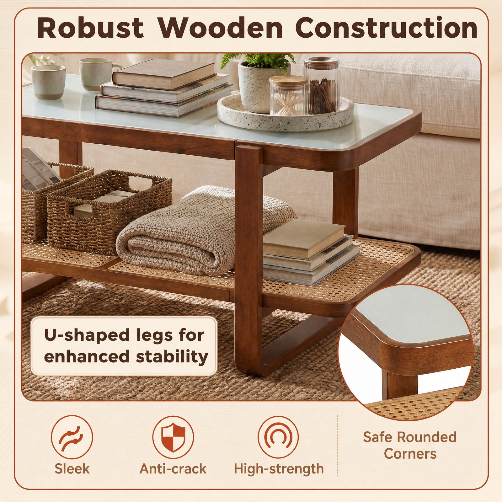 Furnibear Rattan Coffee Table with Frosted Tempered Glass Top and Storage Shelf for Living Room 2 Tier Center Table, Walnut