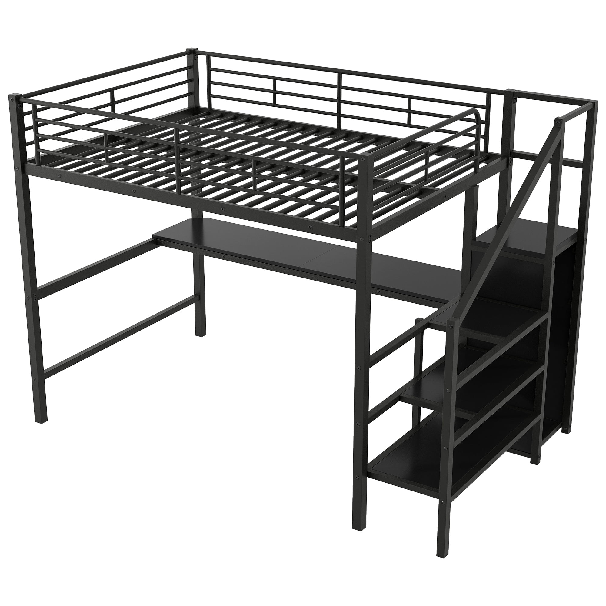 Euroco Metal Full Size Loft Bed with Desk and LED Light, Storage Staircase and Open Wardrobe, Black