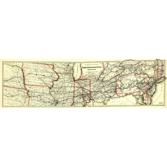 Railroad Map - Columbus Chicago and Indiana Central Railway - Colton 1868 - 23 x 77 - Vintage Wall Art
