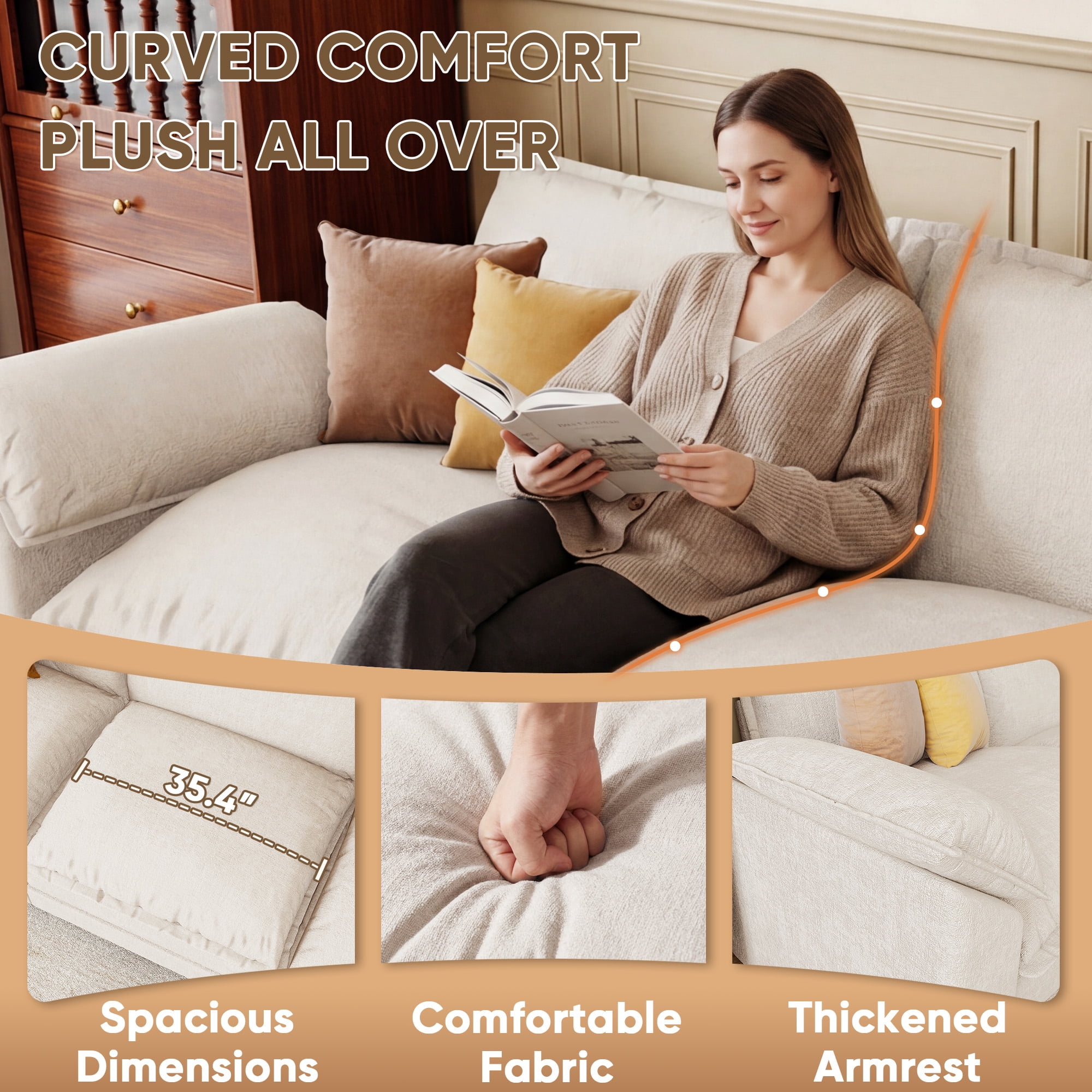 Homall Sectional Sofa 3-seat L-shaped Sofa with reversible toffee chair Movable Footrest Sofa,White