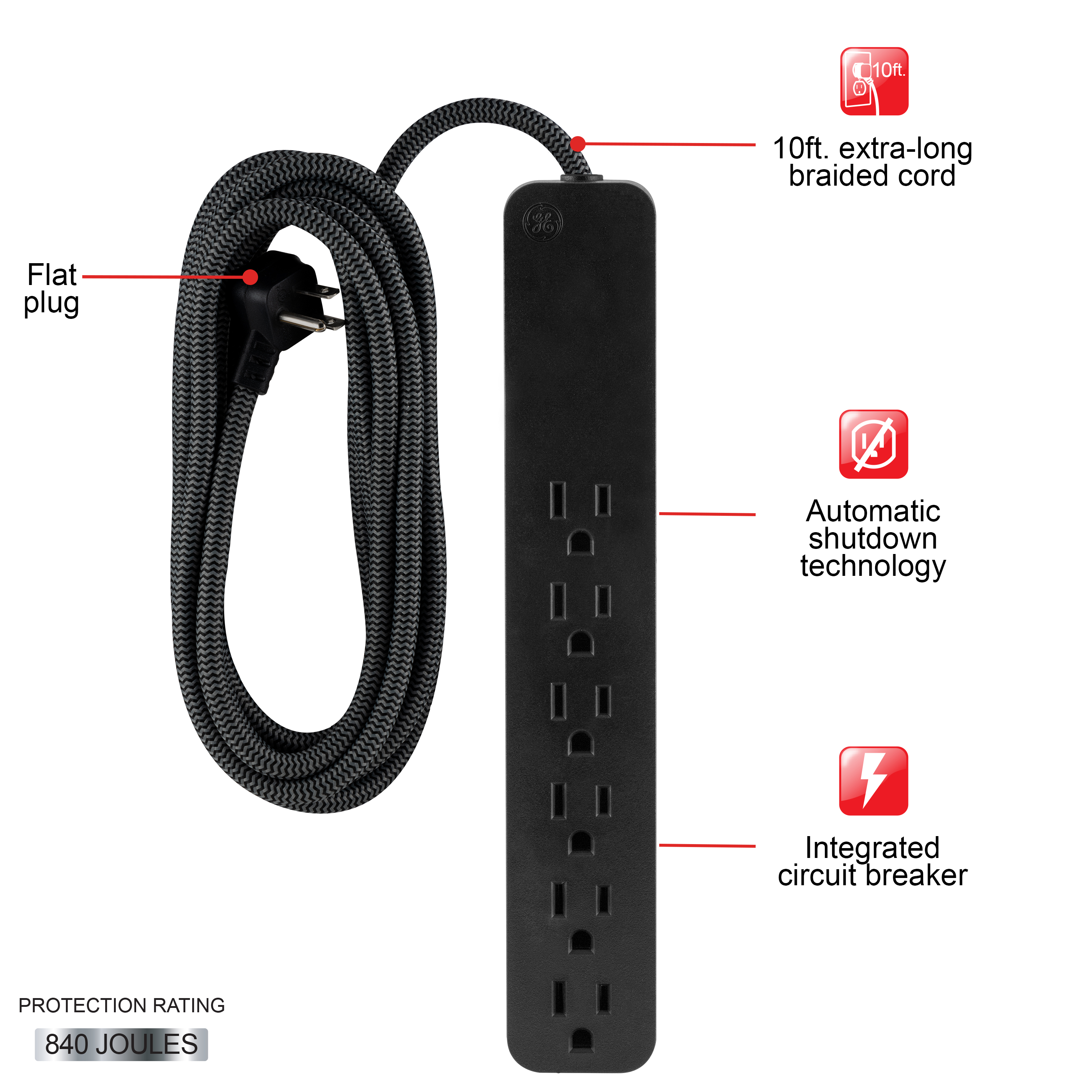 GE 6-Grounded Outlet Surge Protector, 840J, 10ft. Braided Cord, Black – 62935 - image 2 of 7