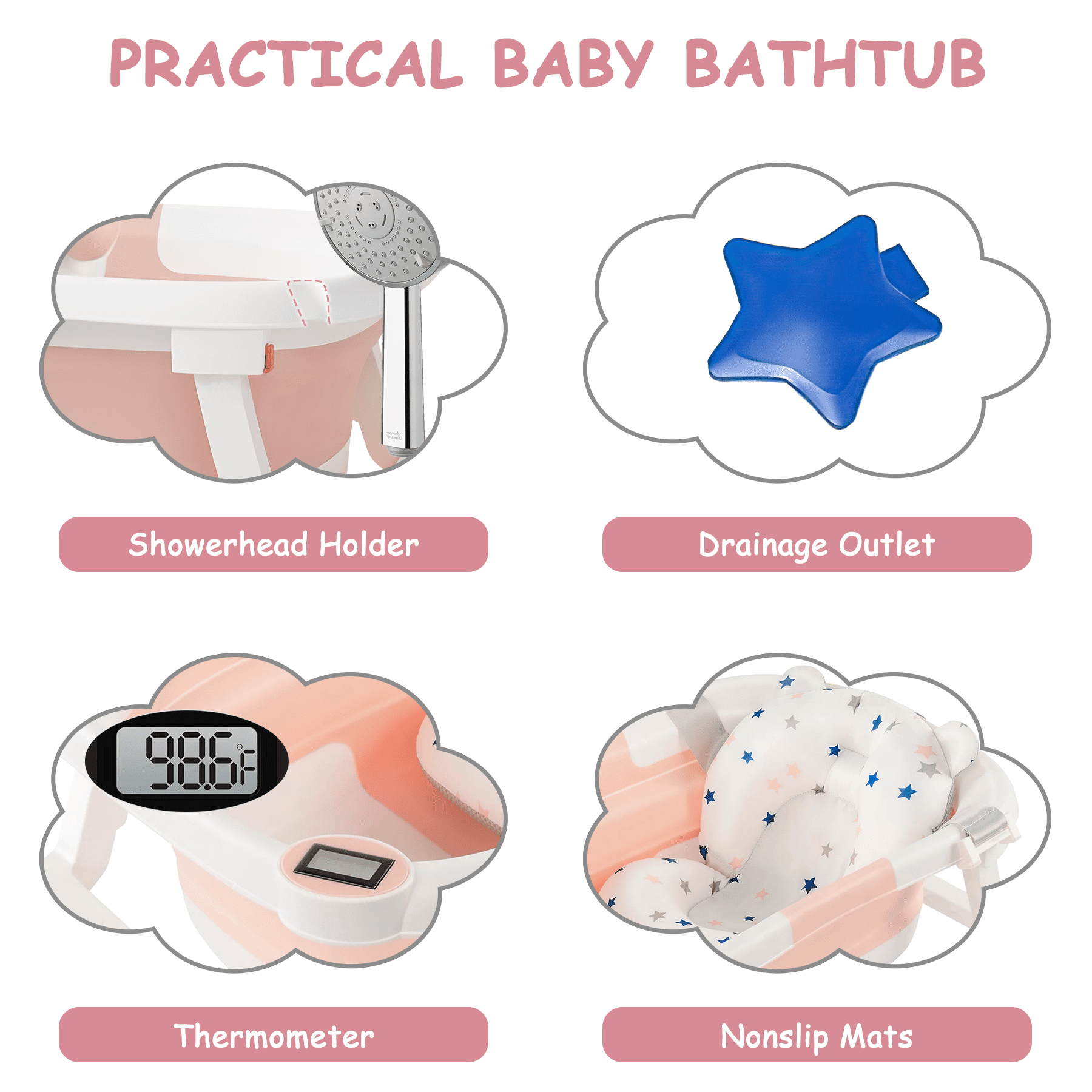 Baby Bathtub, Collapsible Newborn Bathtub for Infant to Toddler 0-36 Months with Soft Cushion+Baby Tub Sling and Thermometer, Portable Travel Bathtub, Foldable Infant Bathtub with No-Slip Feet, Pink
