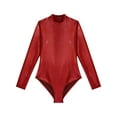 thumbnail image 5 of MSemis Women Metallic Liquid Ballet Leotard Gymnastics Bodysuit Long Sleeve Mock Neck Unitard Tops Red S, 5 of 6