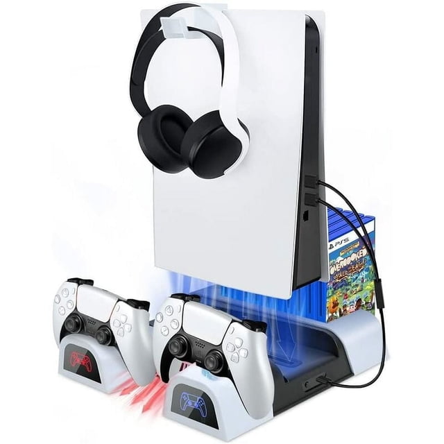 Chargeur Double pour Manette PlayStation 5, Ventilateur Turbo avec Protection contre la Surcharge, Support de Refroidissement Rapide pour PS5, Base Multifonctionnelle pour Éditions Disque et Numériques