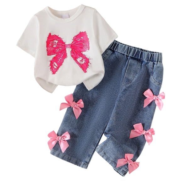 Back to School Outfits Girls 2 Piece Outfits Bow Short-Sleeved Top and Jeans Pants Clothing Set