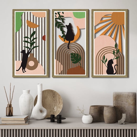 Set of 3 Boho Black Cat Wall Art, Modern Geometric Wooden Cat Wall Decor (16”x8”), Gift for Cat Lovers Mid-Century Farmhouse Wall Plaque for Living Room, Bedroom, Pet Room