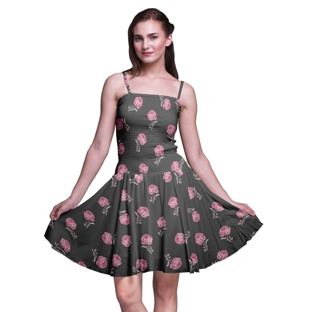 Bimba Robe de Soleil Mini à Bretelles Spaghetti pour Femmes, Taille Smockée, Imprimé Floral, Très Grande Taille