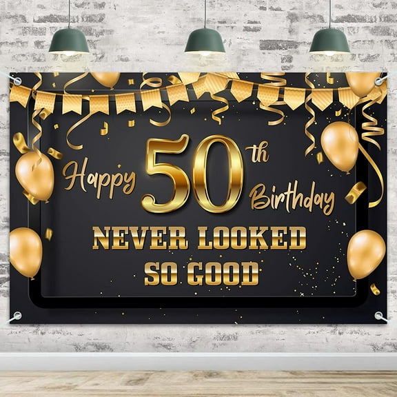 50 Never Looked So Good Banner Backdrop - Funny Happy 50th Birthday Decorations Party Supplies for Men Women - Black Gold