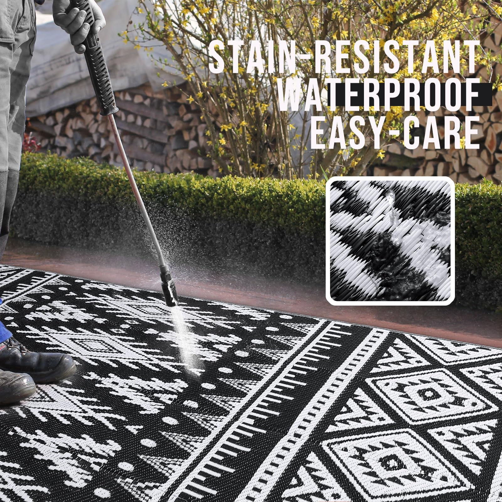 Smiry Outdoor Rugs 8'X10', Waterproof Plastic Outdoor Mat, Reversible Outdoor Carpet for Patio, RV Camping, Porch, Black & White